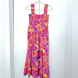 Entro NWOT floral smocked midi dress bright fun colorful pockets sundress multi